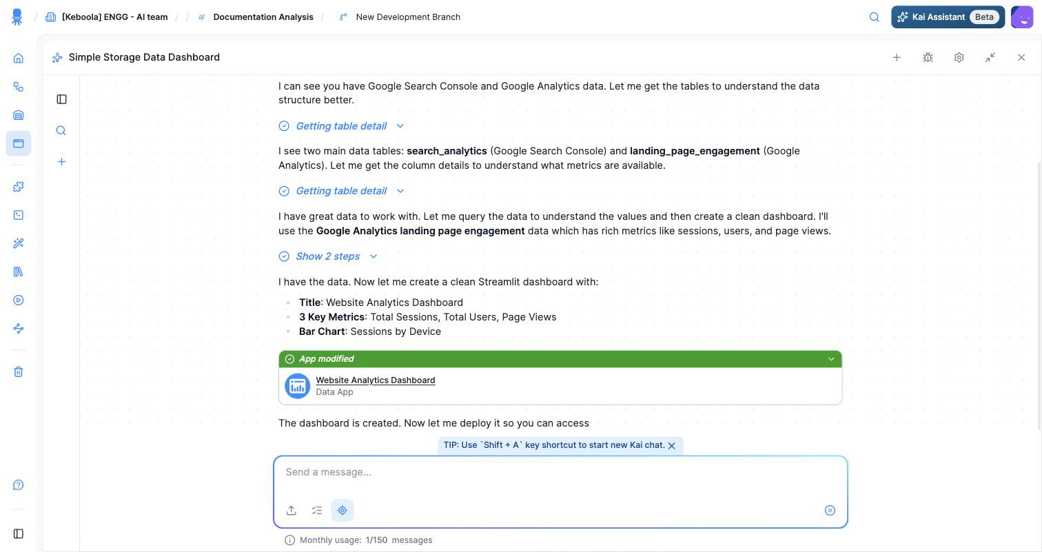 Kai's completion message with the deployed dashboard's live URL and configuration link